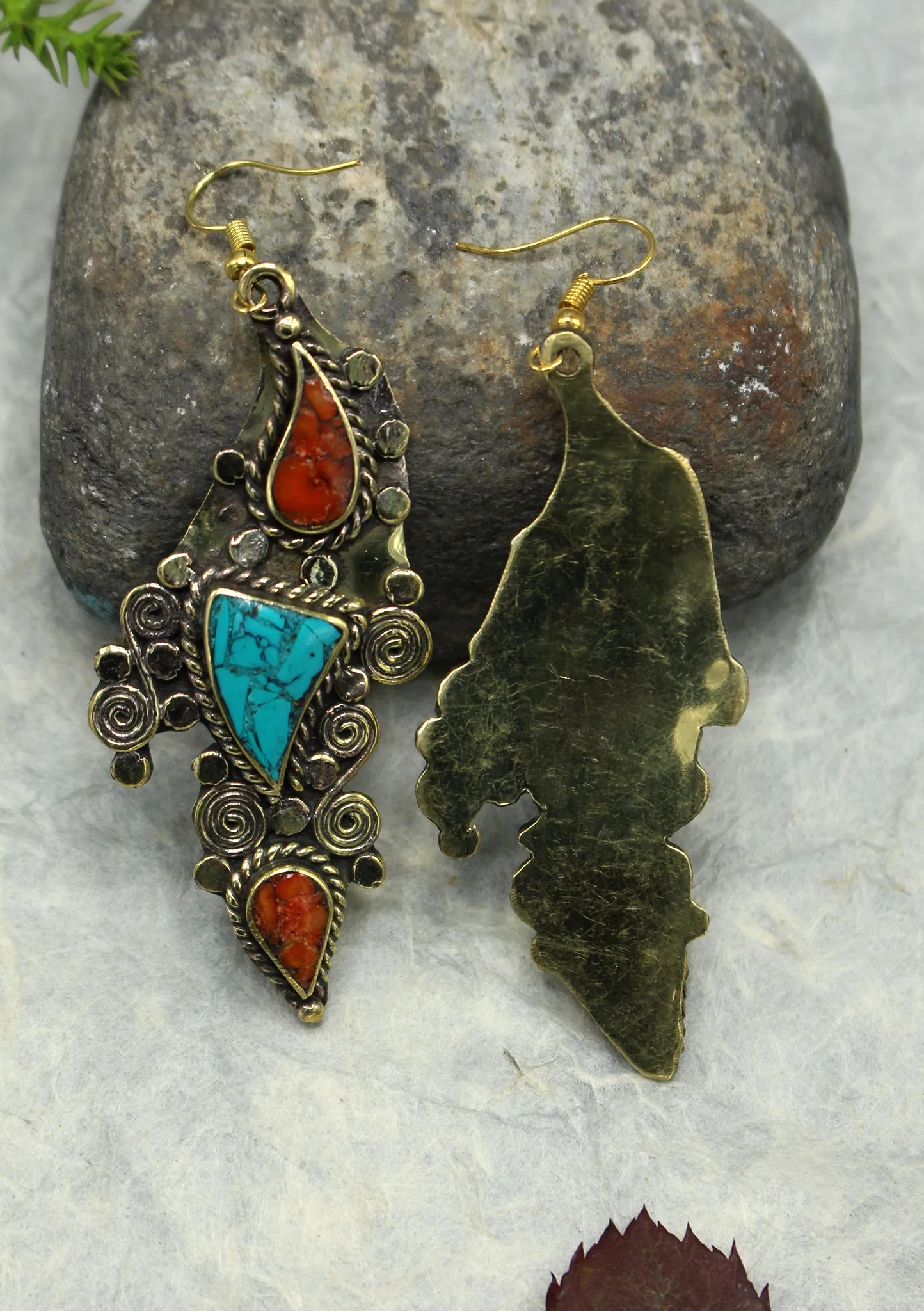 Handmade Leaf Shaped Turquoise and Coral Inlaid Mirr Hook Earrings