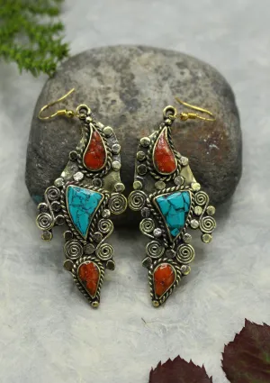 Handmade Leaf Shaped Turquoise and Coral Inlaid Mirr Hook Earrings