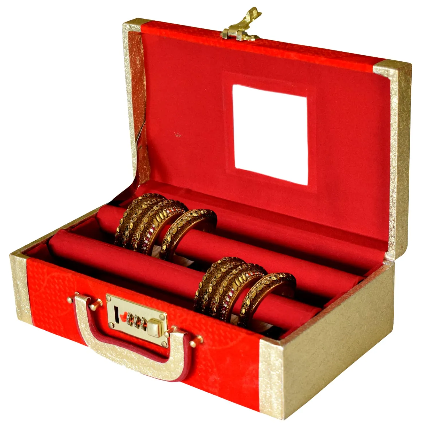 Heart Home Flower Design Multipurpose Wooden 2 Rod Bangle Box/Organizer/Case With Number Lock System (Red)-47HH0693