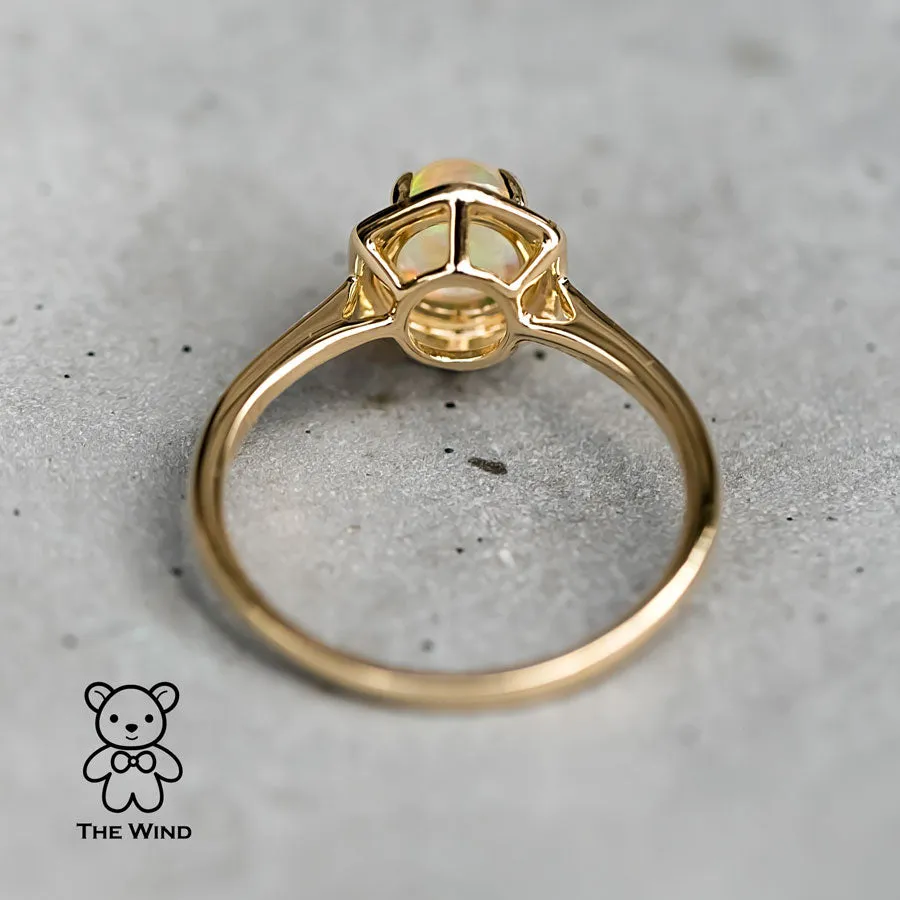 Hexagon Mexican Fire Opal Halo Diamond Engagement Ring 18K Yellow Gold
