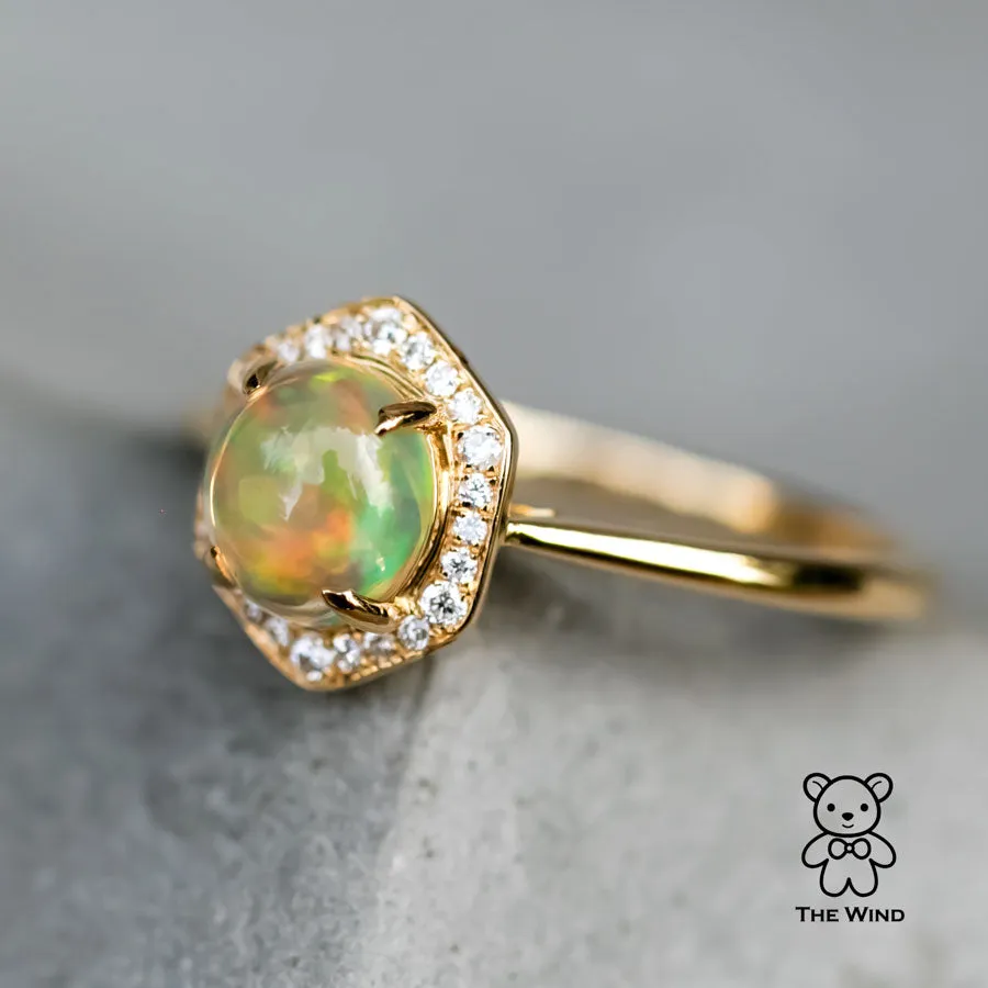 Hexagon Mexican Fire Opal Halo Diamond Engagement Ring 18K Yellow Gold