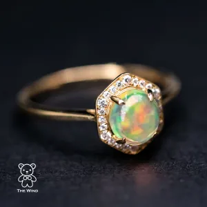 Hexagon Mexican Fire Opal Halo Diamond Engagement Ring 18K Yellow Gold