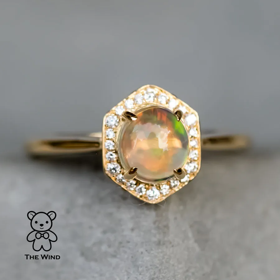 Hexagon Mexican Fire Opal Halo Diamond Engagement Ring 18K Yellow Gold