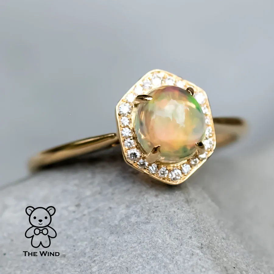 Hexagon Mexican Fire Opal Halo Diamond Engagement Ring 18K Yellow Gold