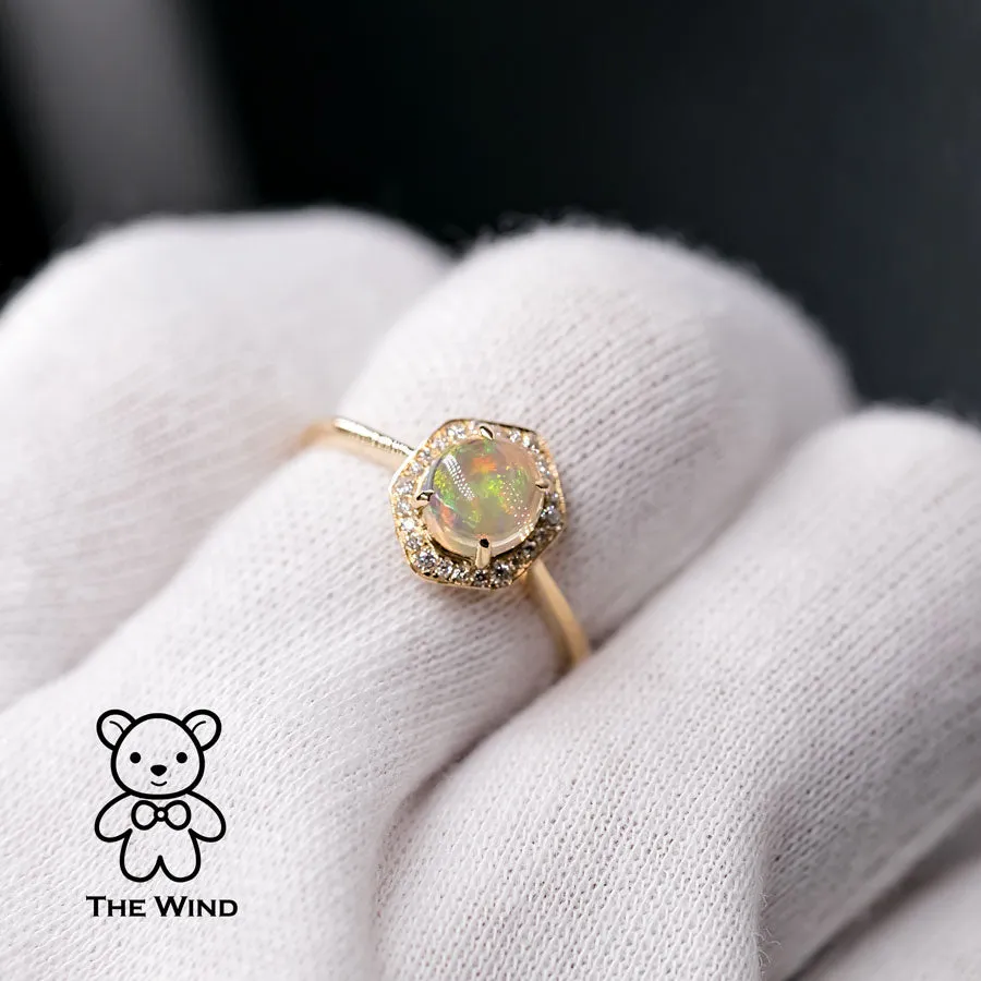 Hexagon Mexican Fire Opal Halo Diamond Engagement Ring 18K Yellow Gold