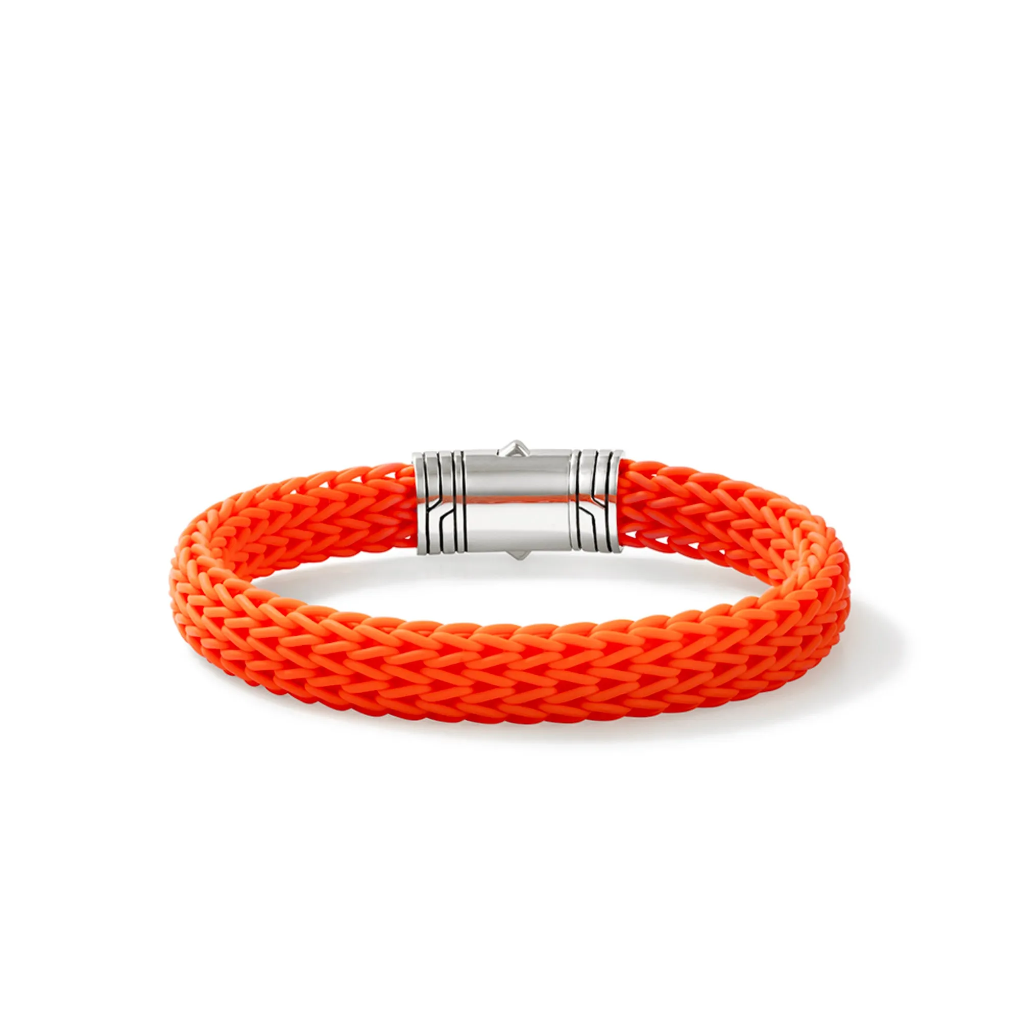 JOHN HARDY LARGE STERLING SILVER BRAIDED ORANGE RUBBER ICON BRACELET