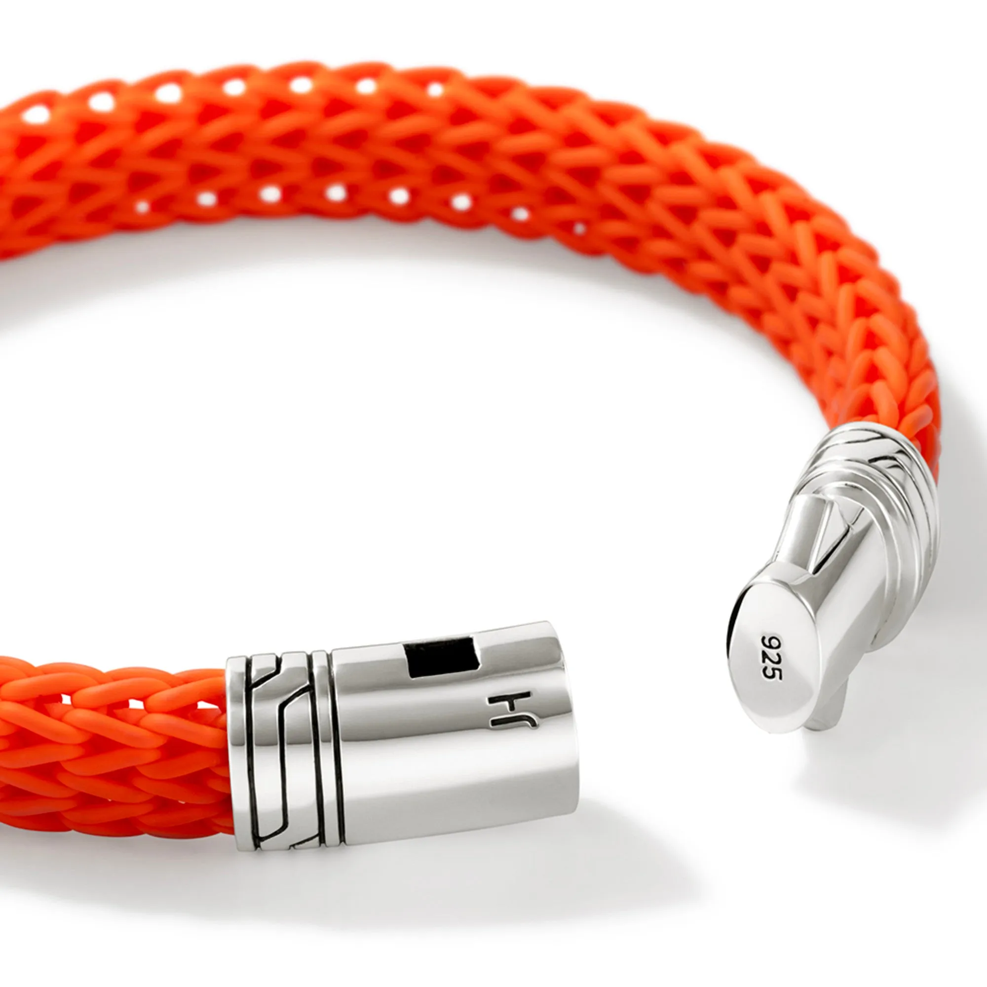 JOHN HARDY LARGE STERLING SILVER BRAIDED ORANGE RUBBER ICON BRACELET