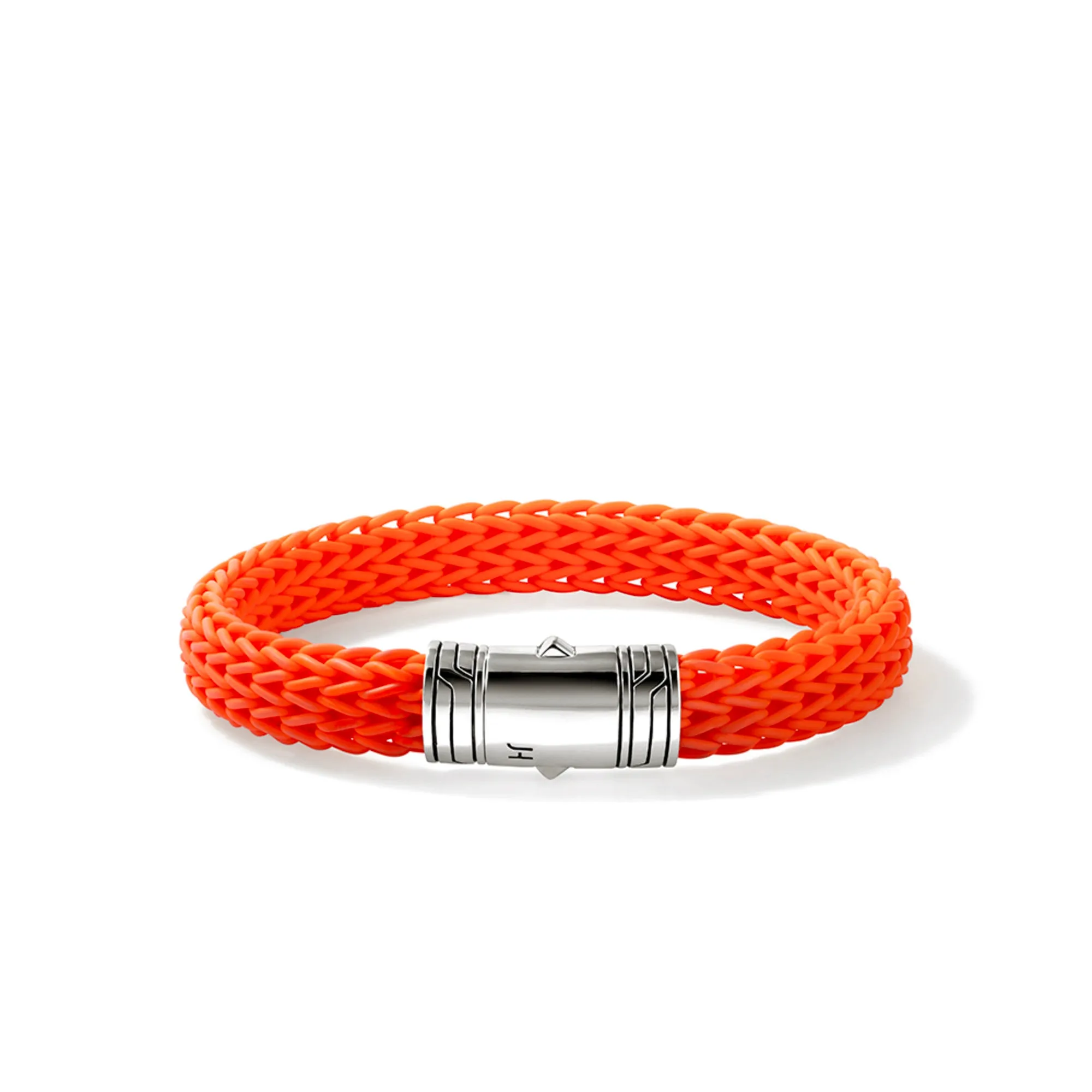 JOHN HARDY LARGE STERLING SILVER BRAIDED ORANGE RUBBER ICON BRACELET