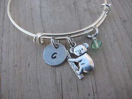 Koala Charm Bracelet- Adjustable Bangle Bracelet with an Initial Charm and an Accent Bead of your choice