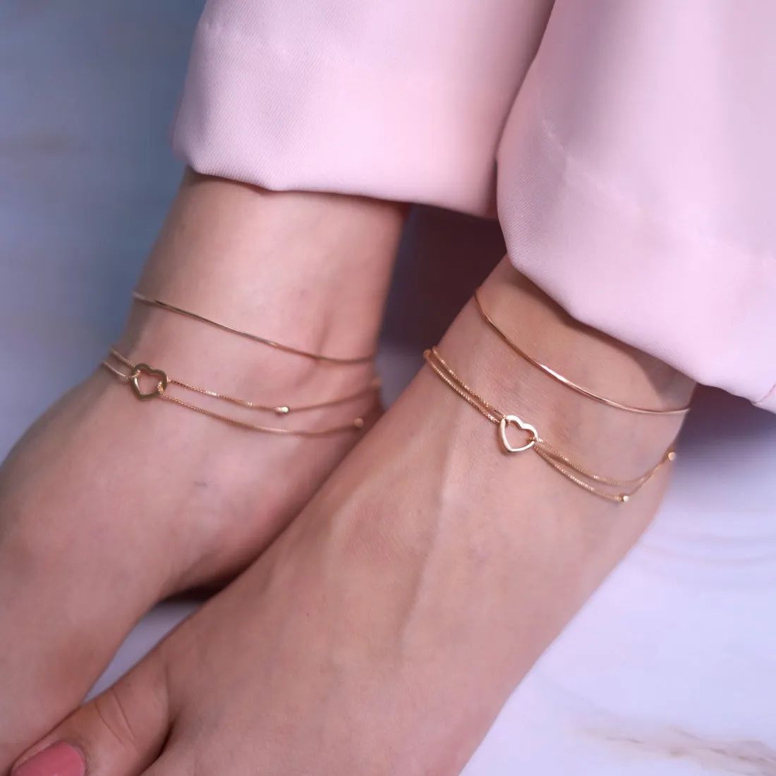Linked Hearts Harmony Rose Gold-Plated 925 Sterling Silver Combo Anklet