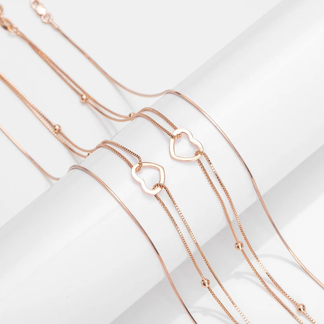 Linked Hearts Harmony Rose Gold-Plated 925 Sterling Silver Combo Anklet