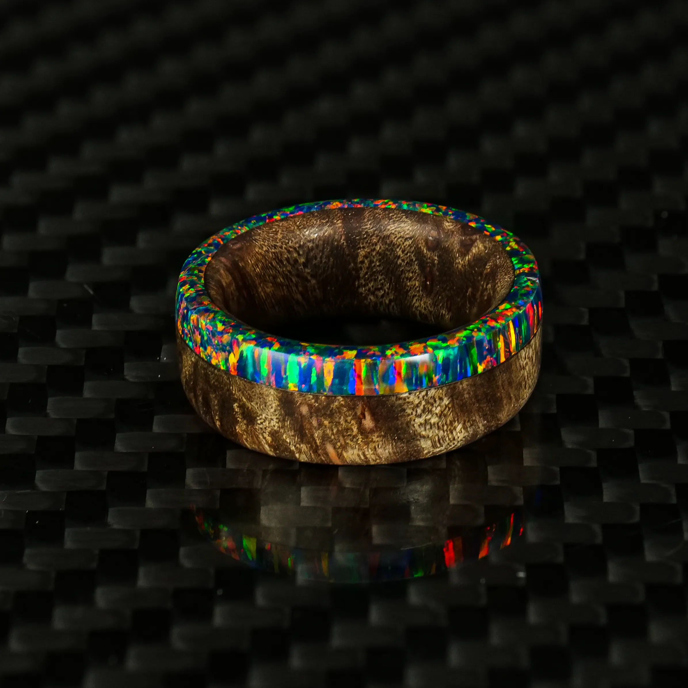 Maple Wood and Black Fire Opal Ring