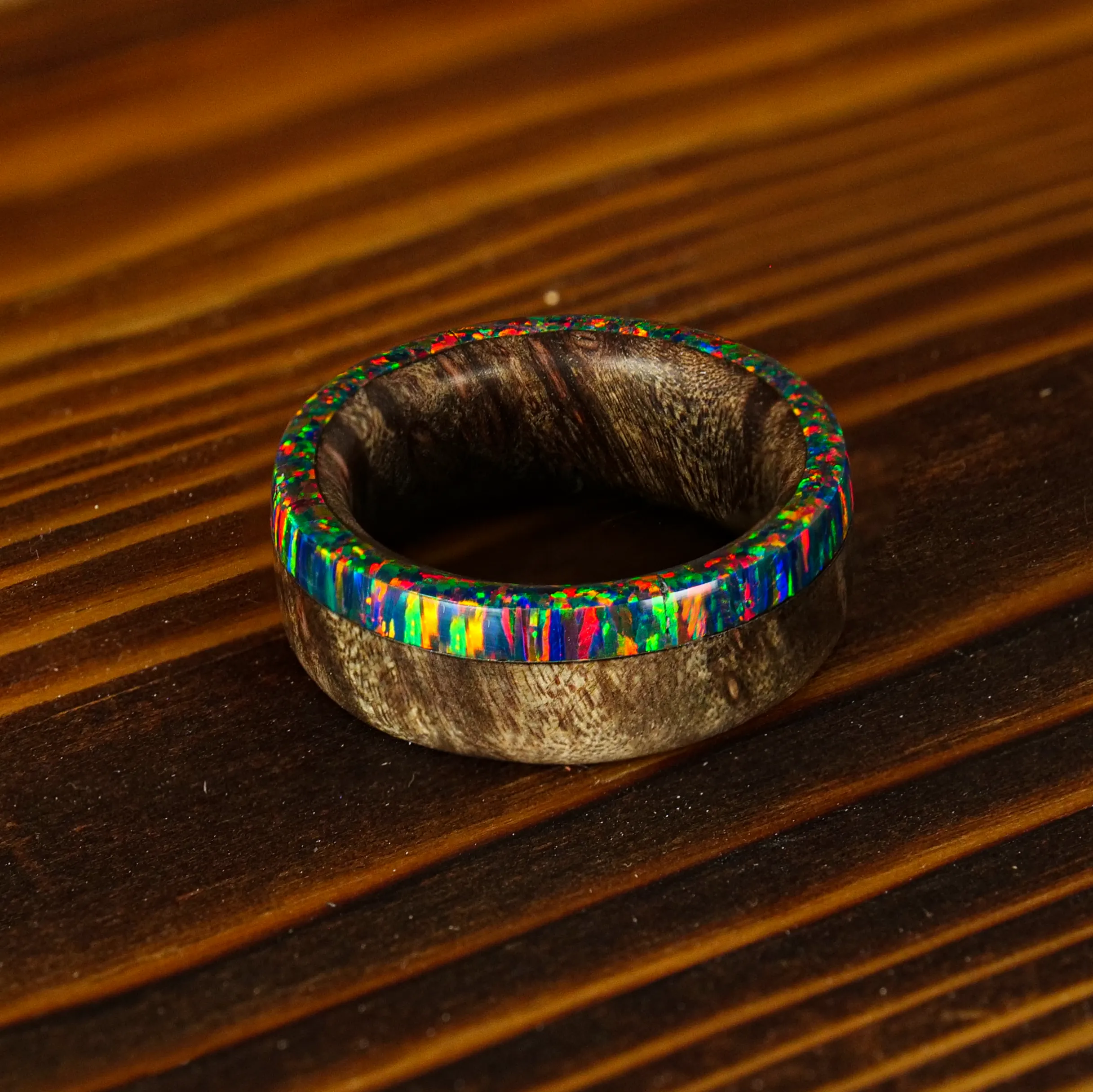 Maple Wood and Black Fire Opal Ring
