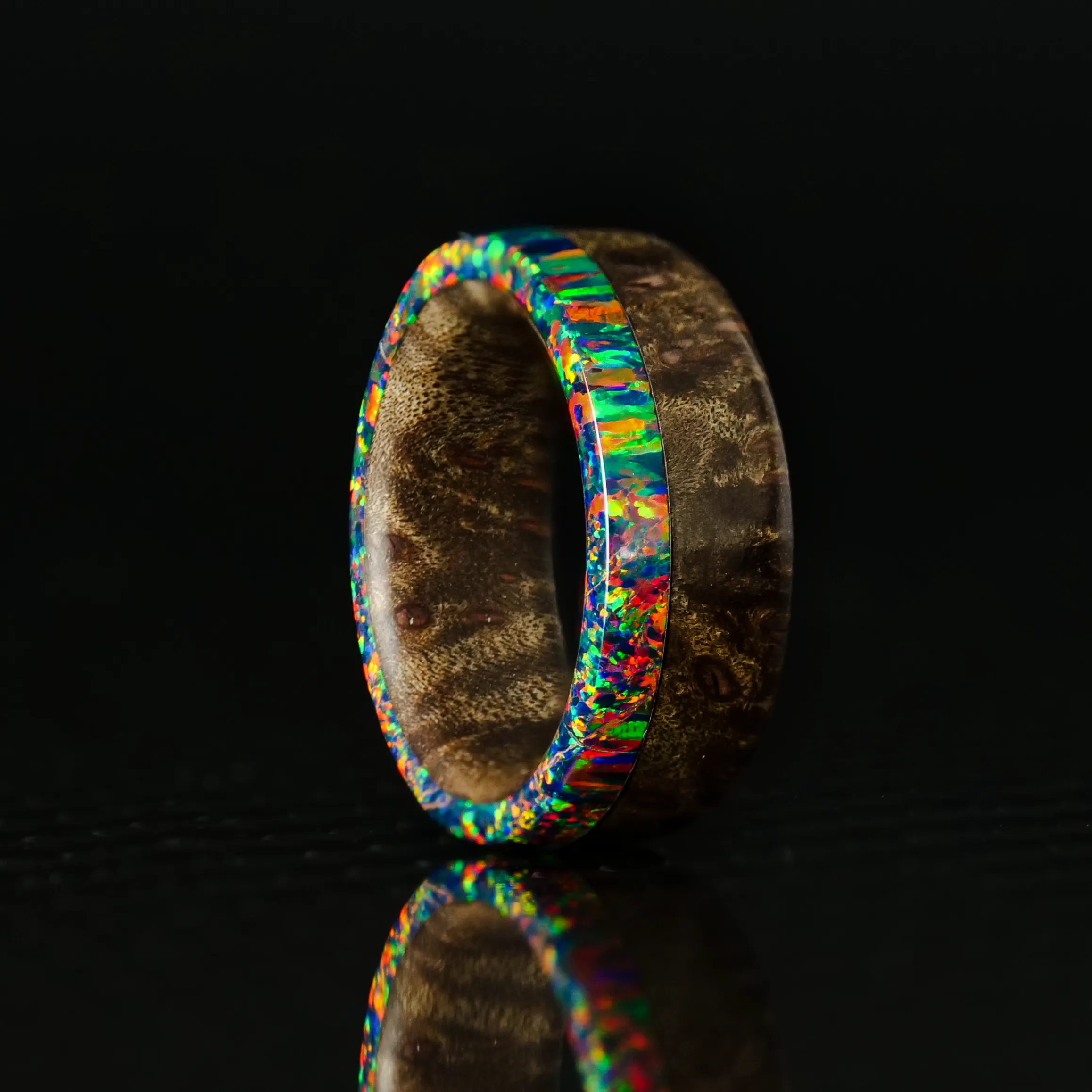 Maple Wood and Black Fire Opal Ring