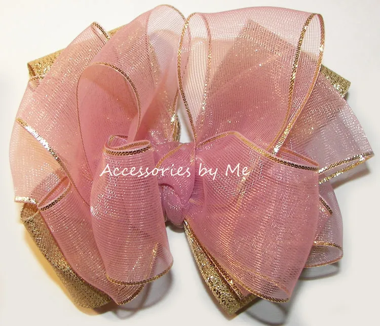 Mauve Gold Organza Metallic Hair Bow