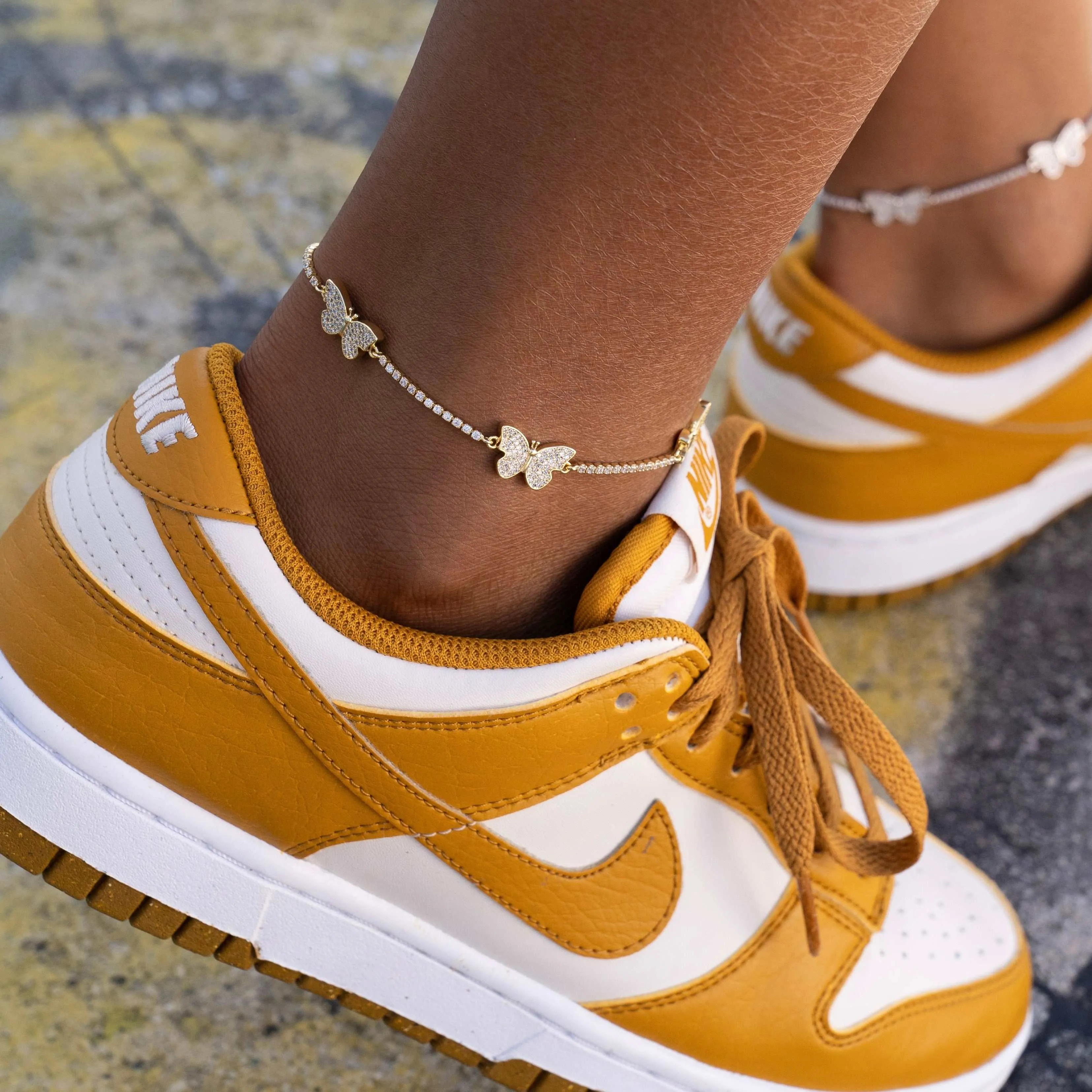 Micro Butterfly Tennis Anklet in Yellow Gold