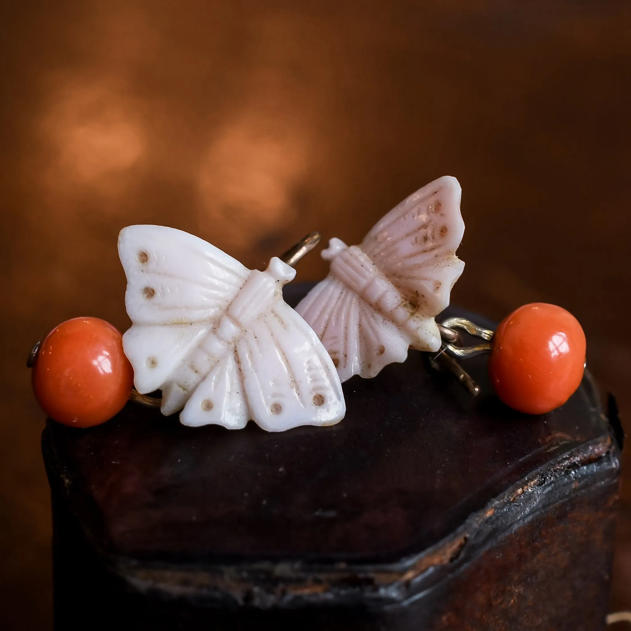 Mid-Victorian Two-Tone Coral "Psyche" Butterfly Earrings