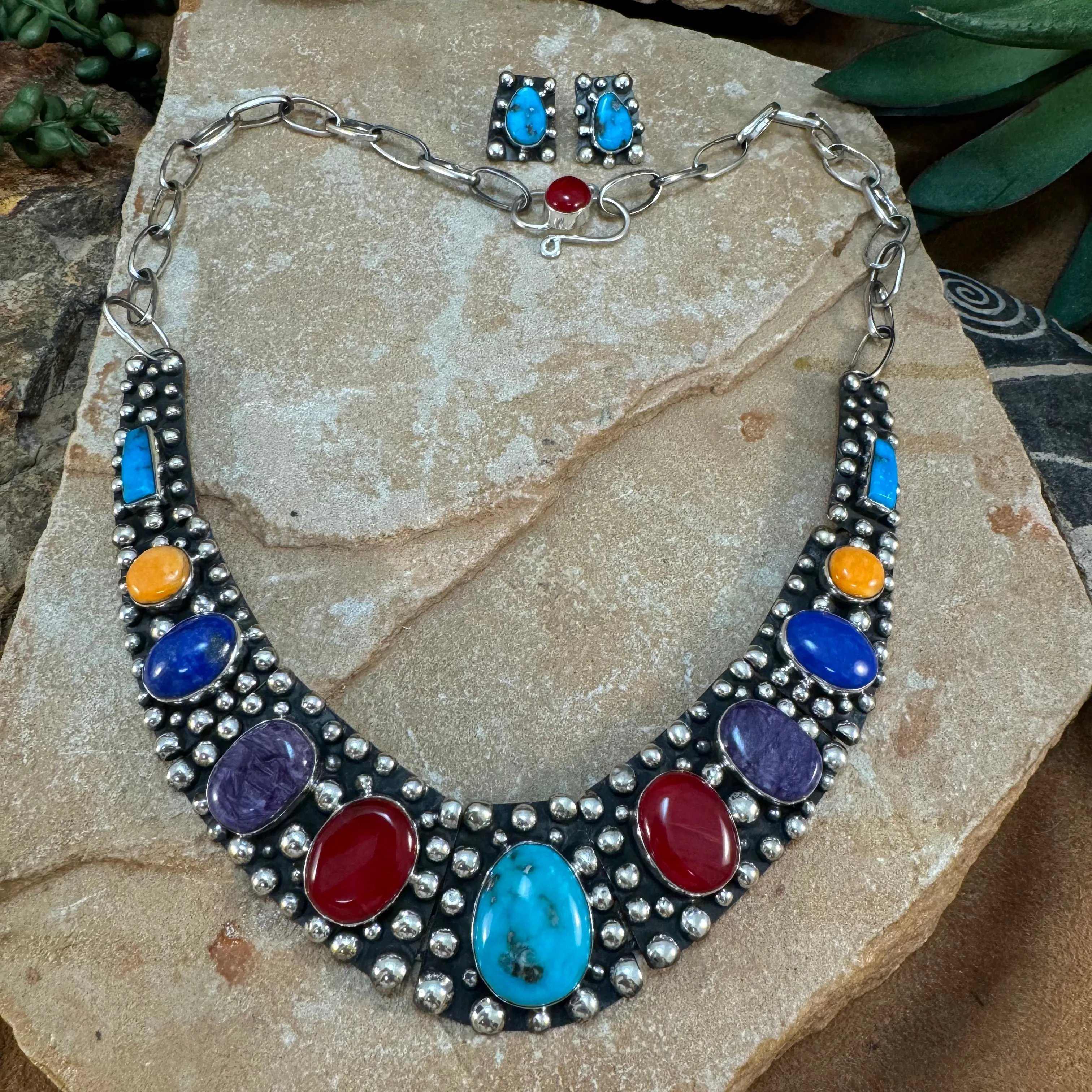 Multi Stone Contemporary Design Sterling Silver Necklace Set by Billy The Kid