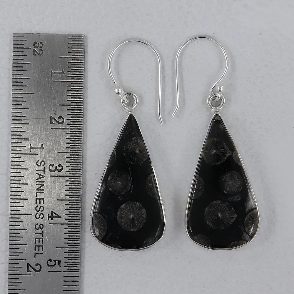 Natural Black Coral Silver Earrings
