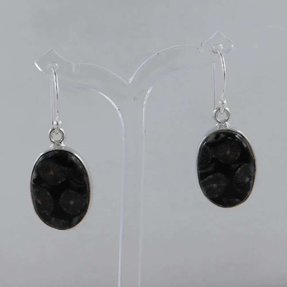 Natural Black Coral Silver Earrings
