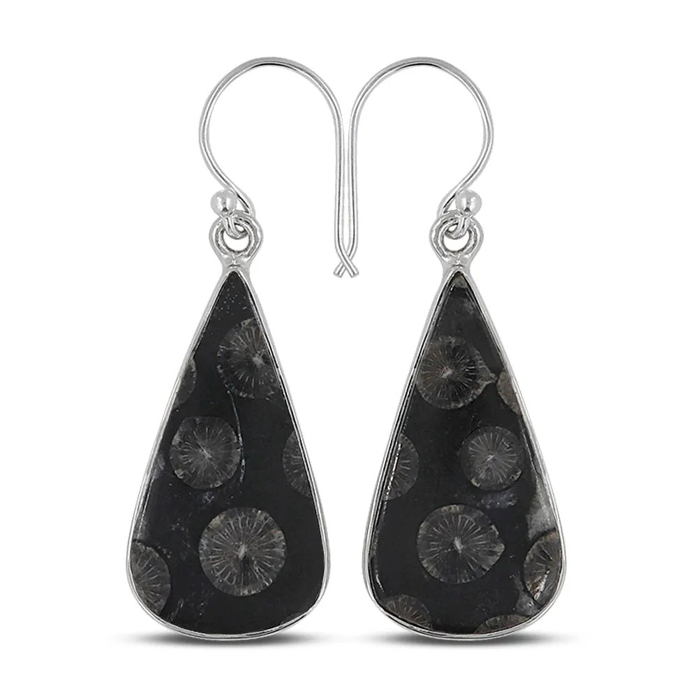 Natural Black Coral Silver Earrings