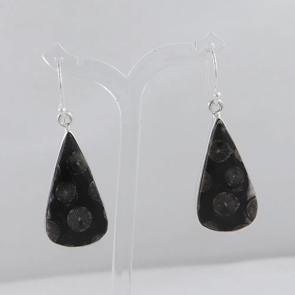 Natural Black Coral Silver Earrings