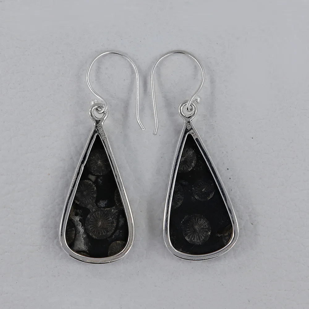 Natural Black Coral Silver Earrings