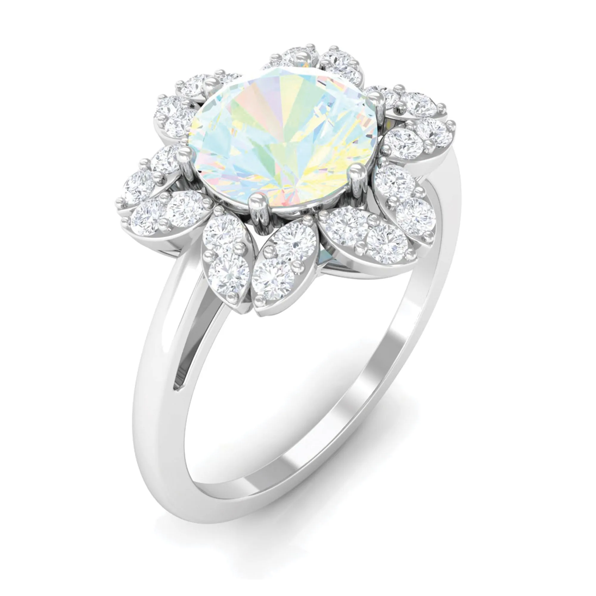 Natural Ethiopian Opal and Diamond Flower Halo Ring