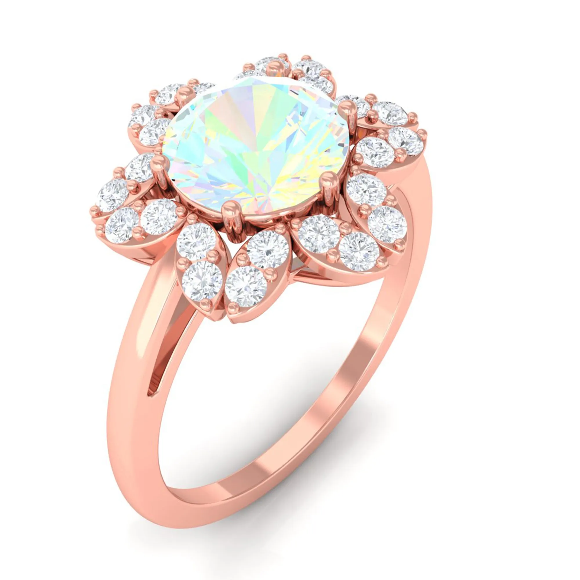 Natural Ethiopian Opal and Diamond Flower Halo Ring