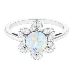 Natural Ethiopian Opal and Diamond Flower Halo Ring