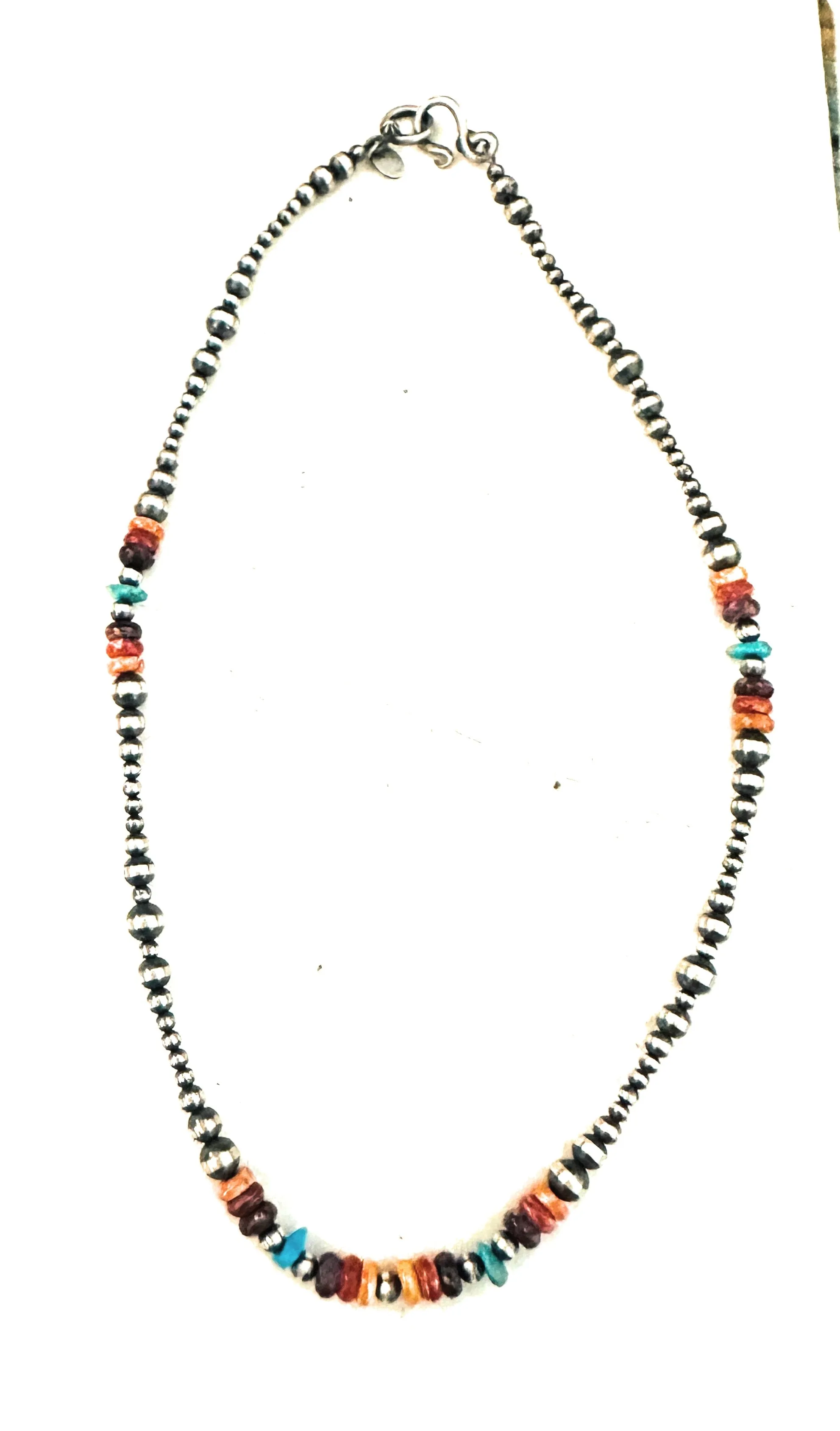 Navajo Multi Stone & Sterling Silver Pearl Beaded Necklace 18”