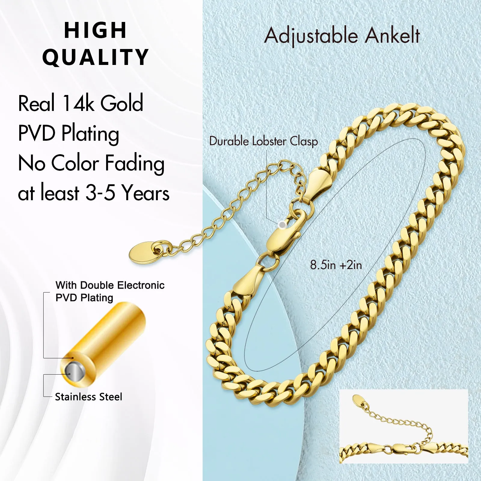 【NEW】14K Gold/White Gold Flat Cuban Curb Anklet  Bracelet KRKC