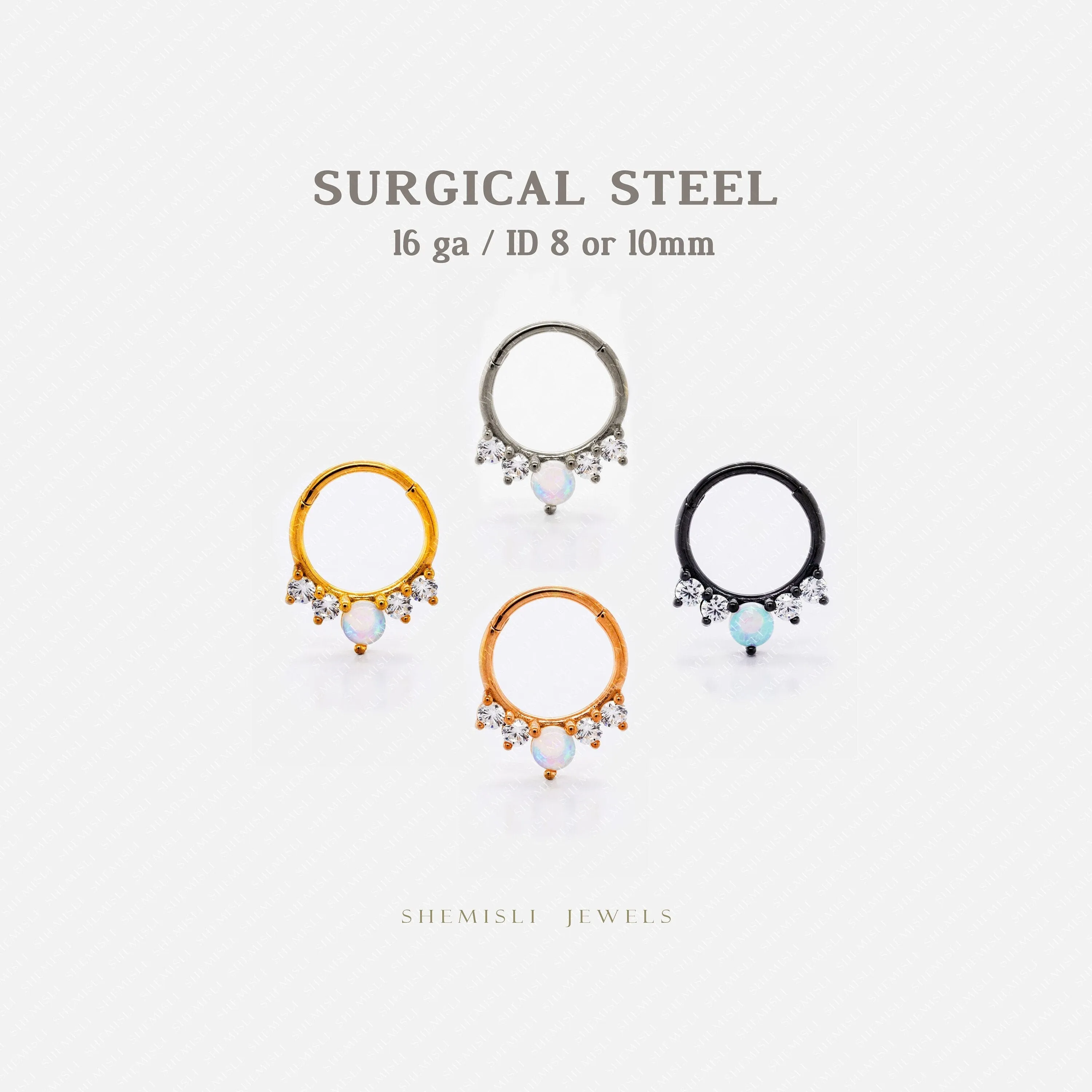 Opal White Stone Septum Ring, Nose Ring, Daith Ring, Hinged Clicker Hoop, 16ga 8mm or 10mm, Unisex, Surgical Steel, SHEMISLI SH630, SH631