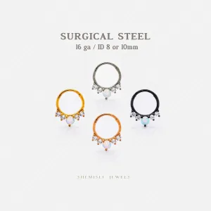 Opal White Stone Septum Ring, Nose Ring, Daith Ring, Hinged Clicker Hoop, 16ga 8mm or 10mm, Unisex, Surgical Steel, SHEMISLI SH630, SH631