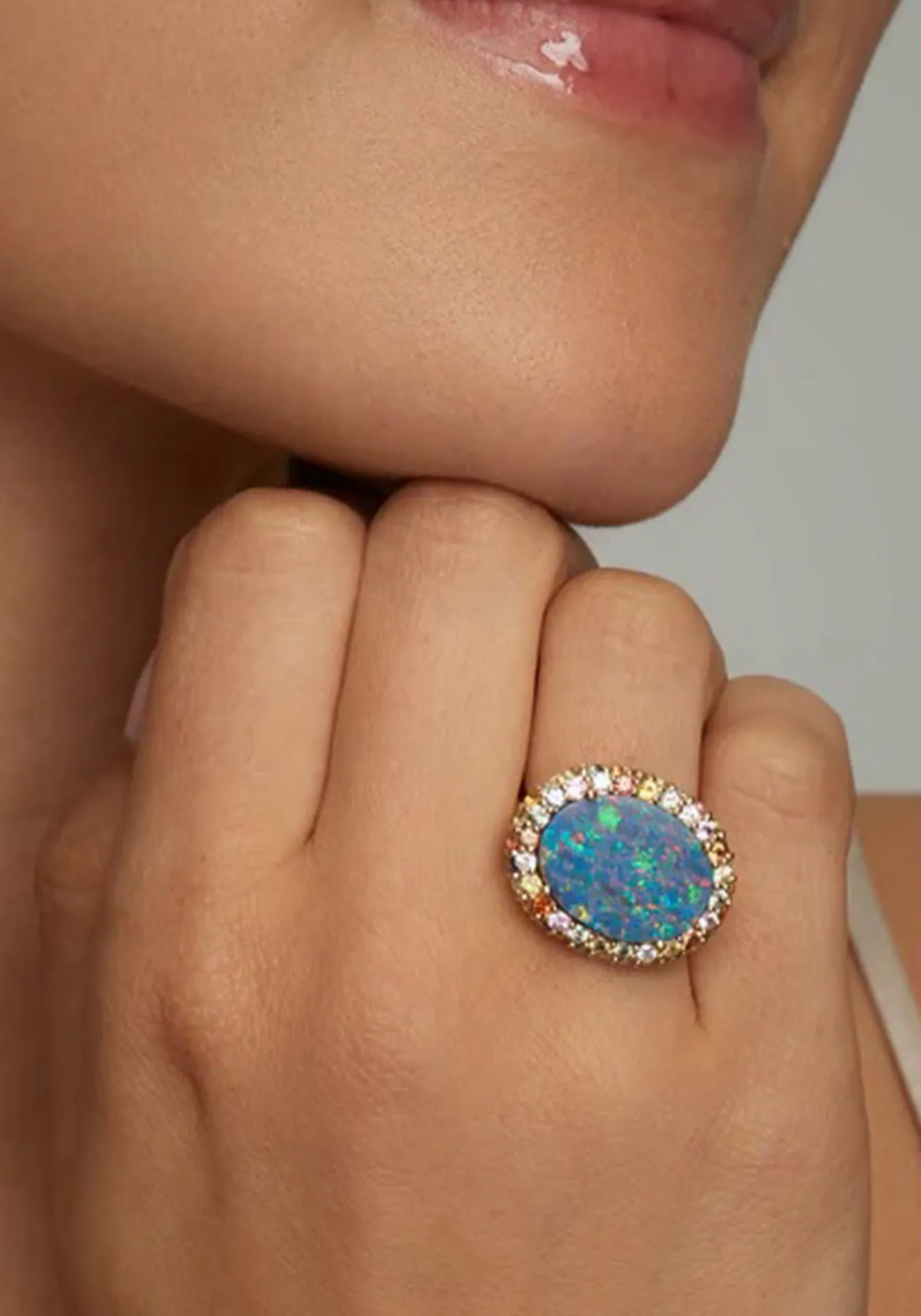 Oval Opal, 18K Yellow Gold, Multicolor Sapphires   Diamond Earrings