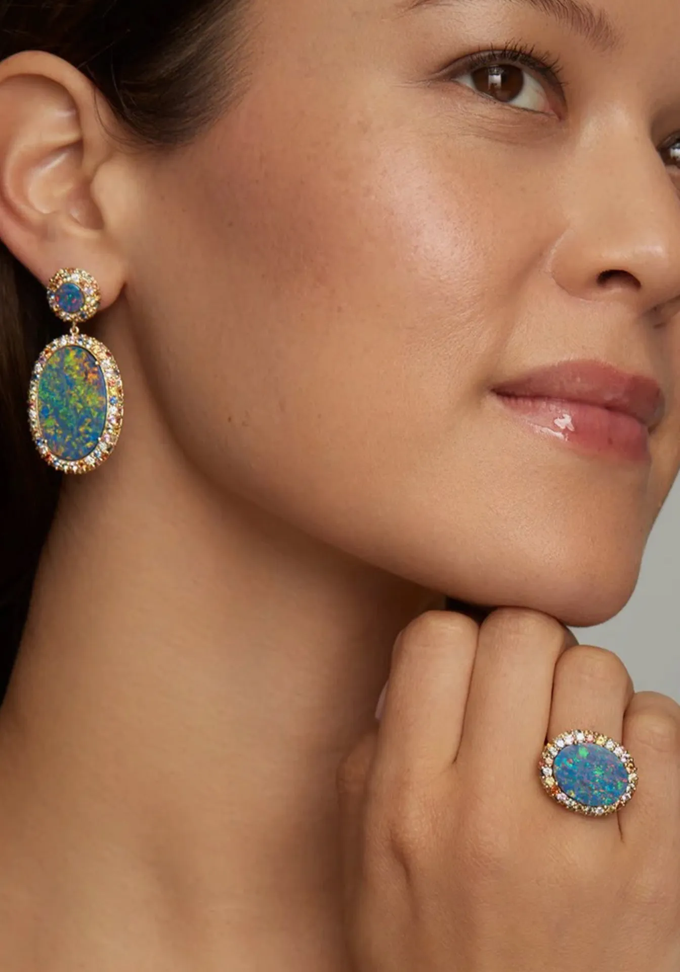 Oval Opal, 18K Yellow Gold, Multicolor Sapphires   Diamond Earrings