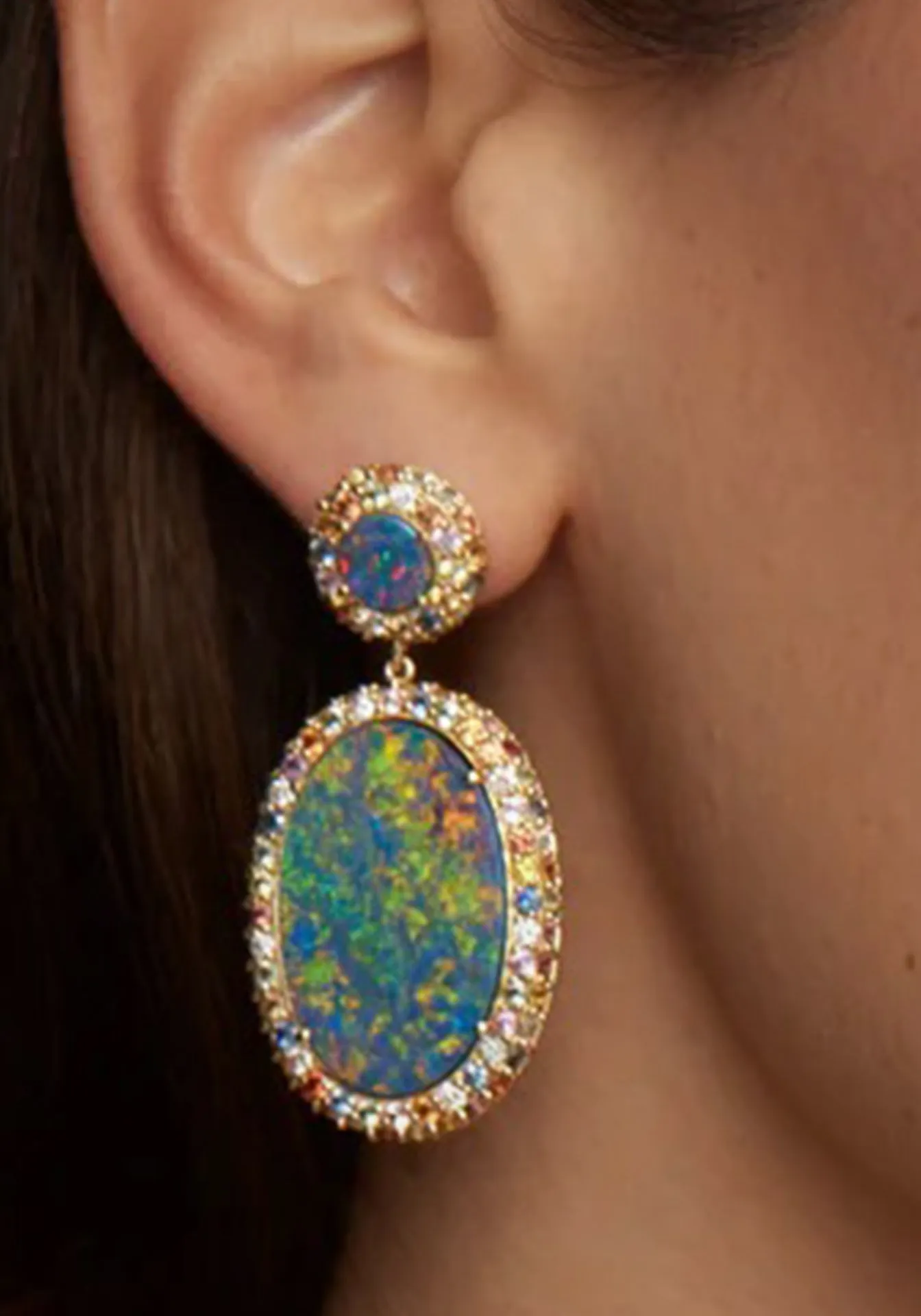 Oval Opal, 18K Yellow Gold, Multicolor Sapphires   Diamond Earrings