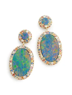 Oval Opal, 18K Yellow Gold, Multicolor Sapphires   Diamond Earrings