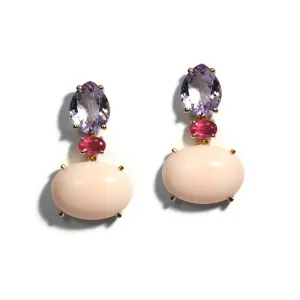 Party - Drop Earrings with Rose de France, Rubellite and Natural Angel Skin Coral, 18k Yellow Gold