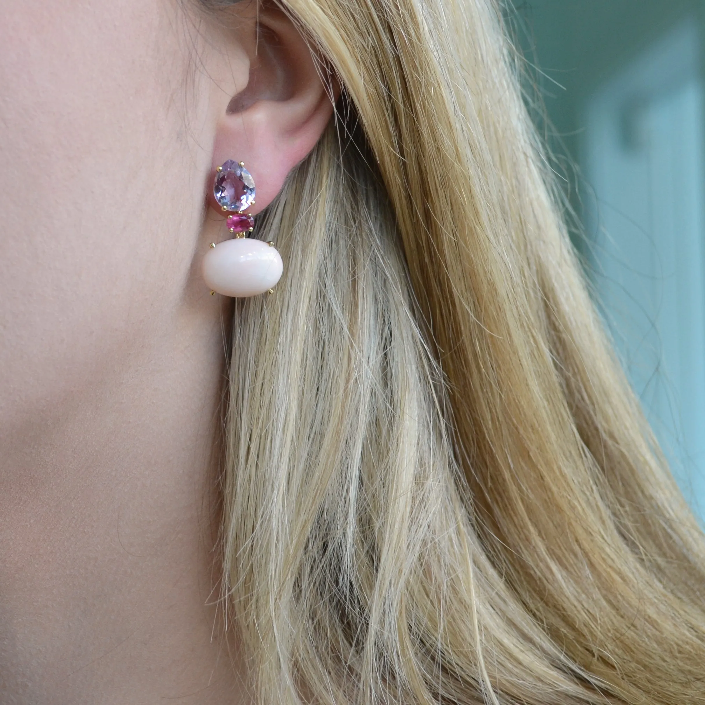 Party - Drop Earrings with Rose de France, Rubellite and Natural Angel Skin Coral, 18k Yellow Gold