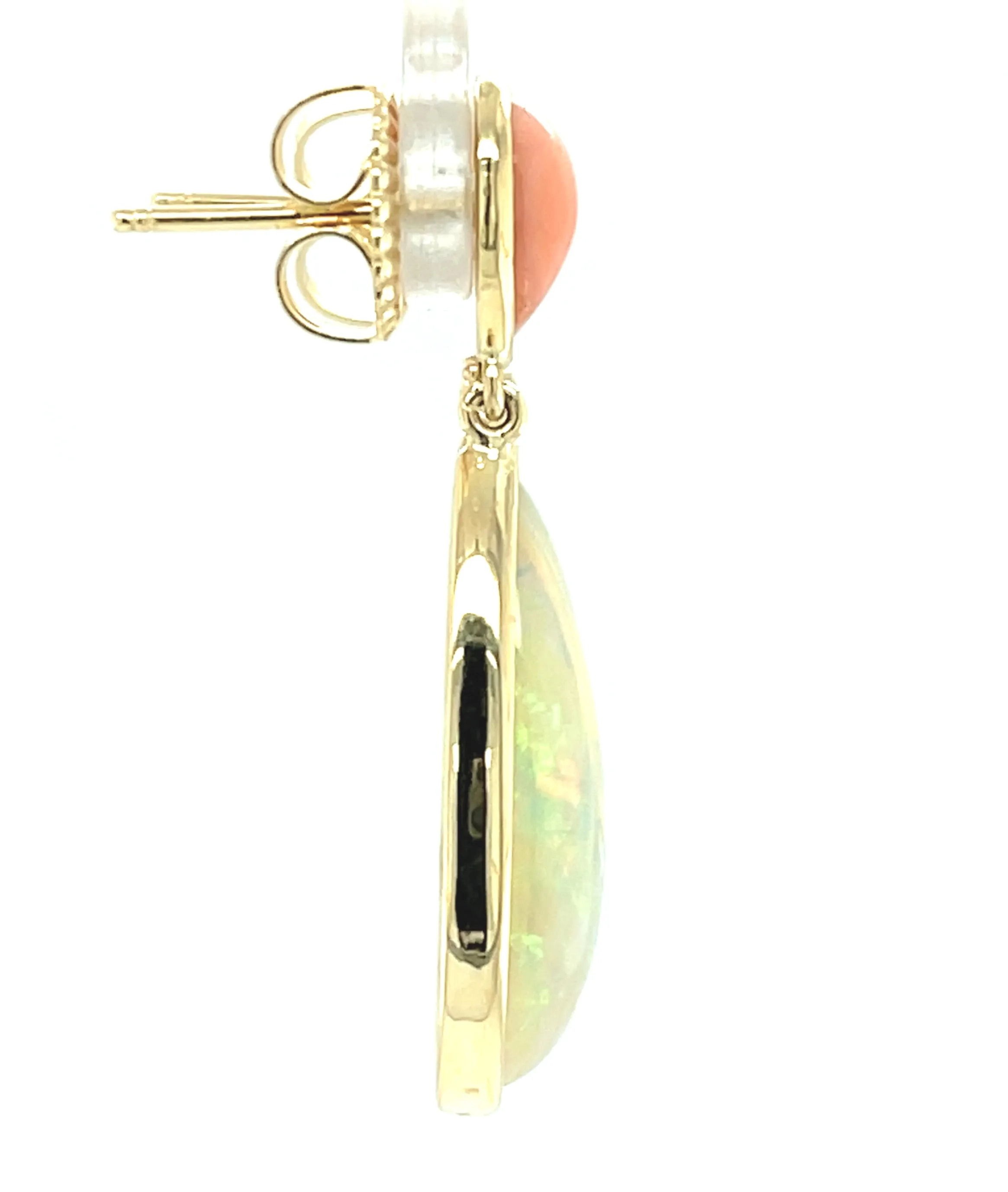 Pear Shape Coral and Ethiopian Opal Dangle Earrings in 18k Yellow Gold
