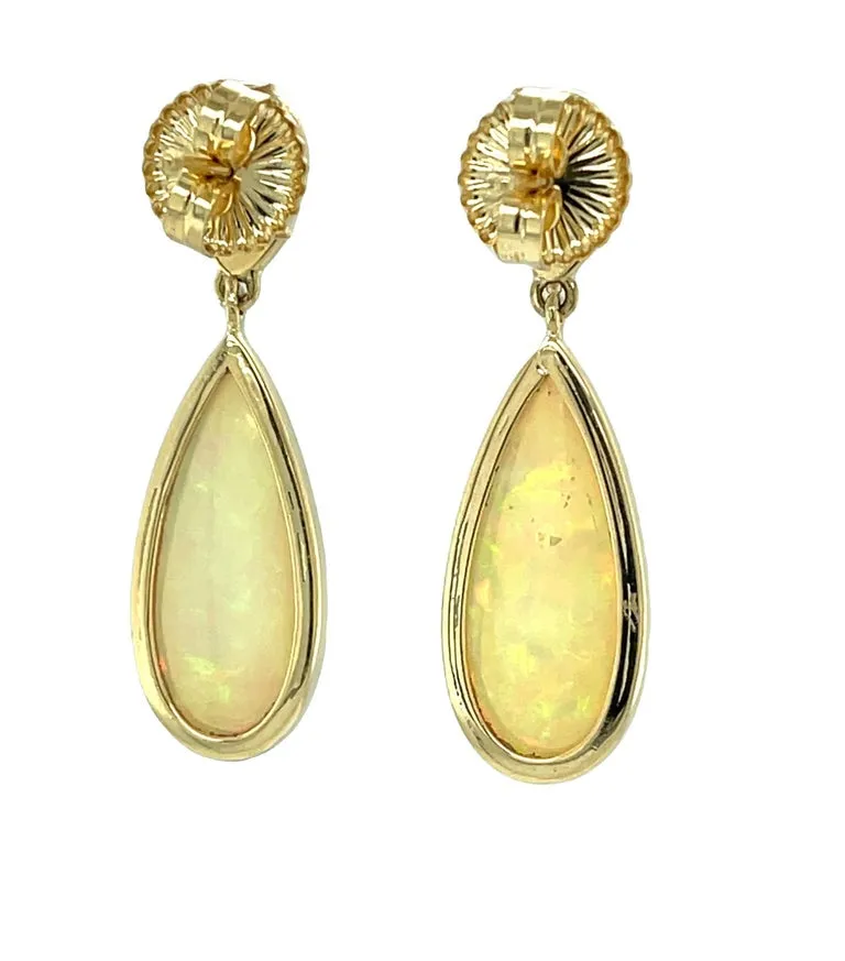 Pear Shape Coral and Ethiopian Opal Dangle Earrings in 18k Yellow Gold