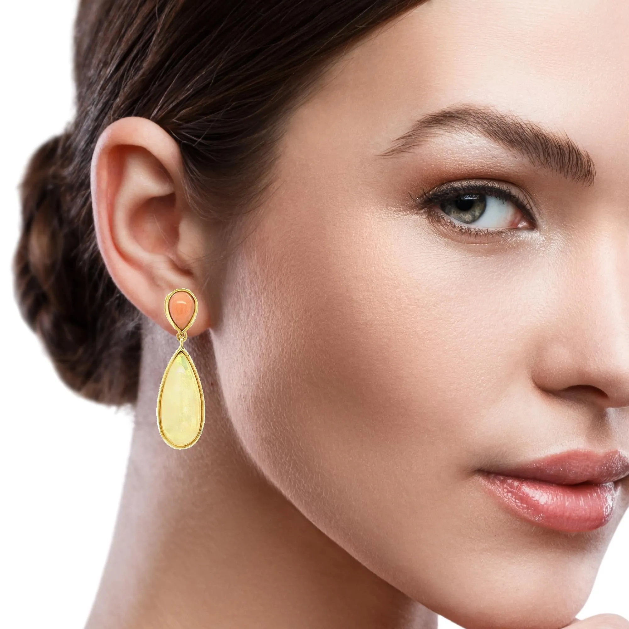 Pear Shape Coral and Ethiopian Opal Dangle Earrings in 18k Yellow Gold