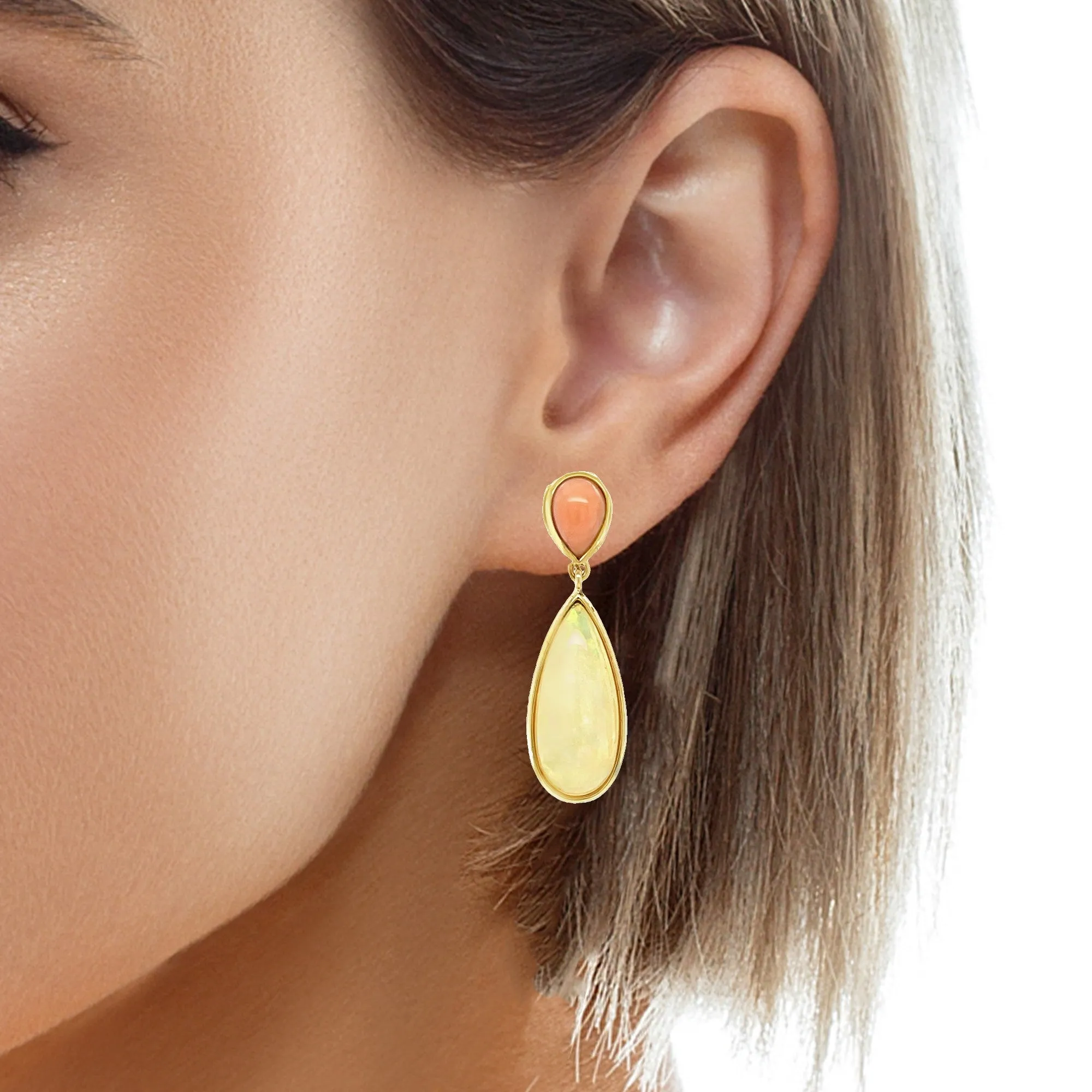 Pear Shape Coral and Ethiopian Opal Dangle Earrings in 18k Yellow Gold