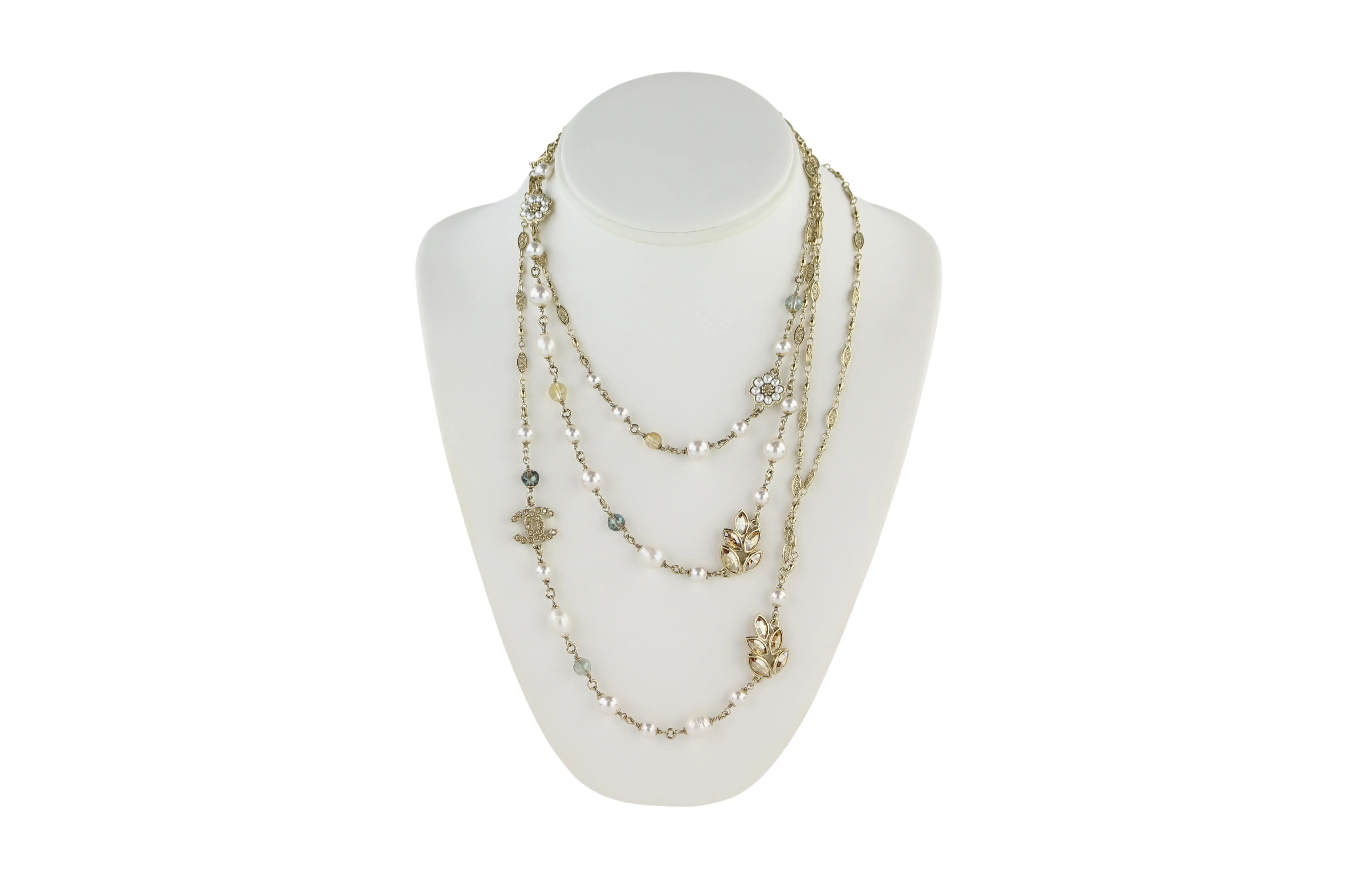 Pearl, Crystal & Beaded Flower Leaf Tiered Gold Long Necklace