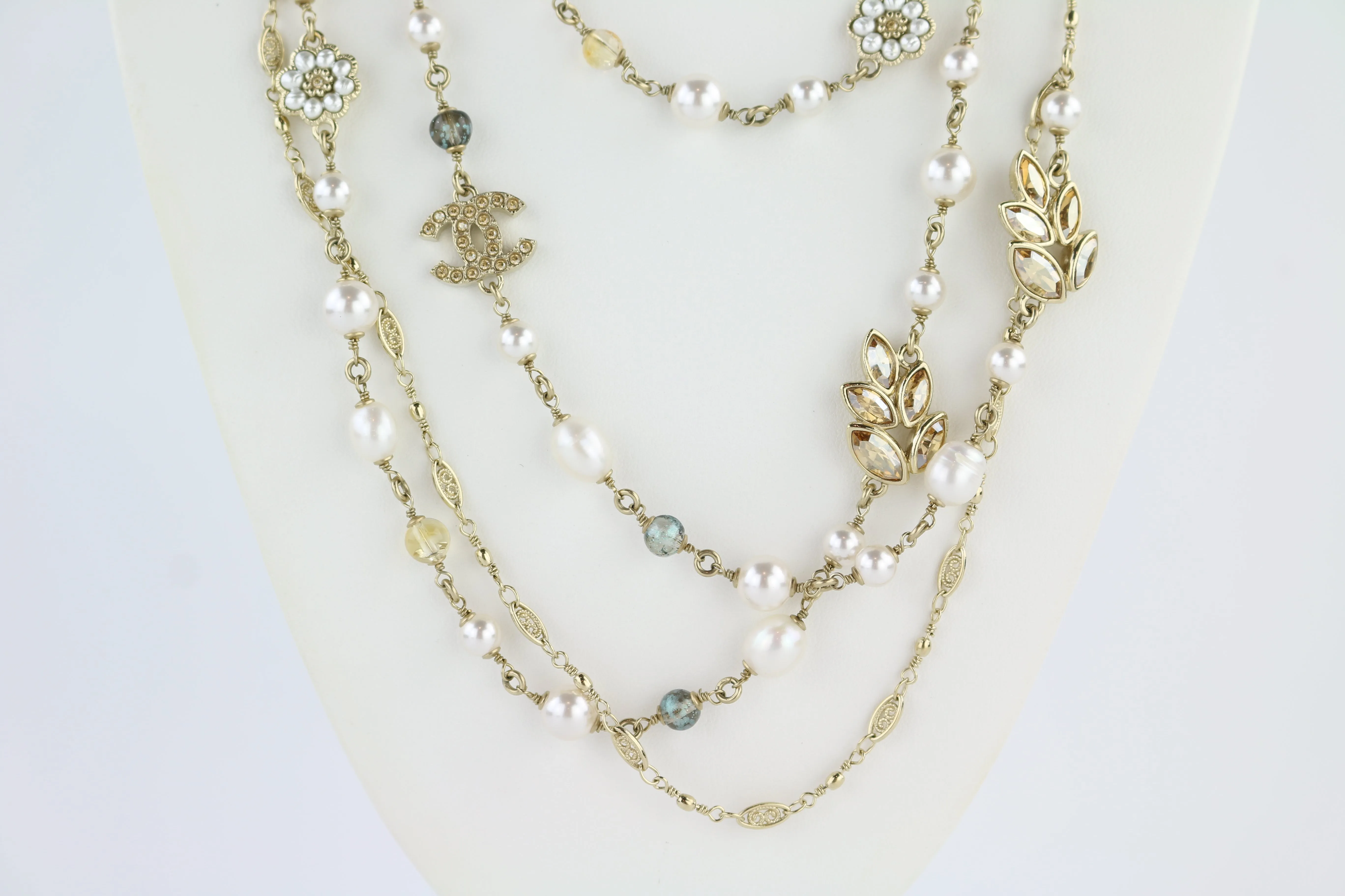 Pearl, Crystal & Beaded Flower Leaf Tiered Gold Long Necklace