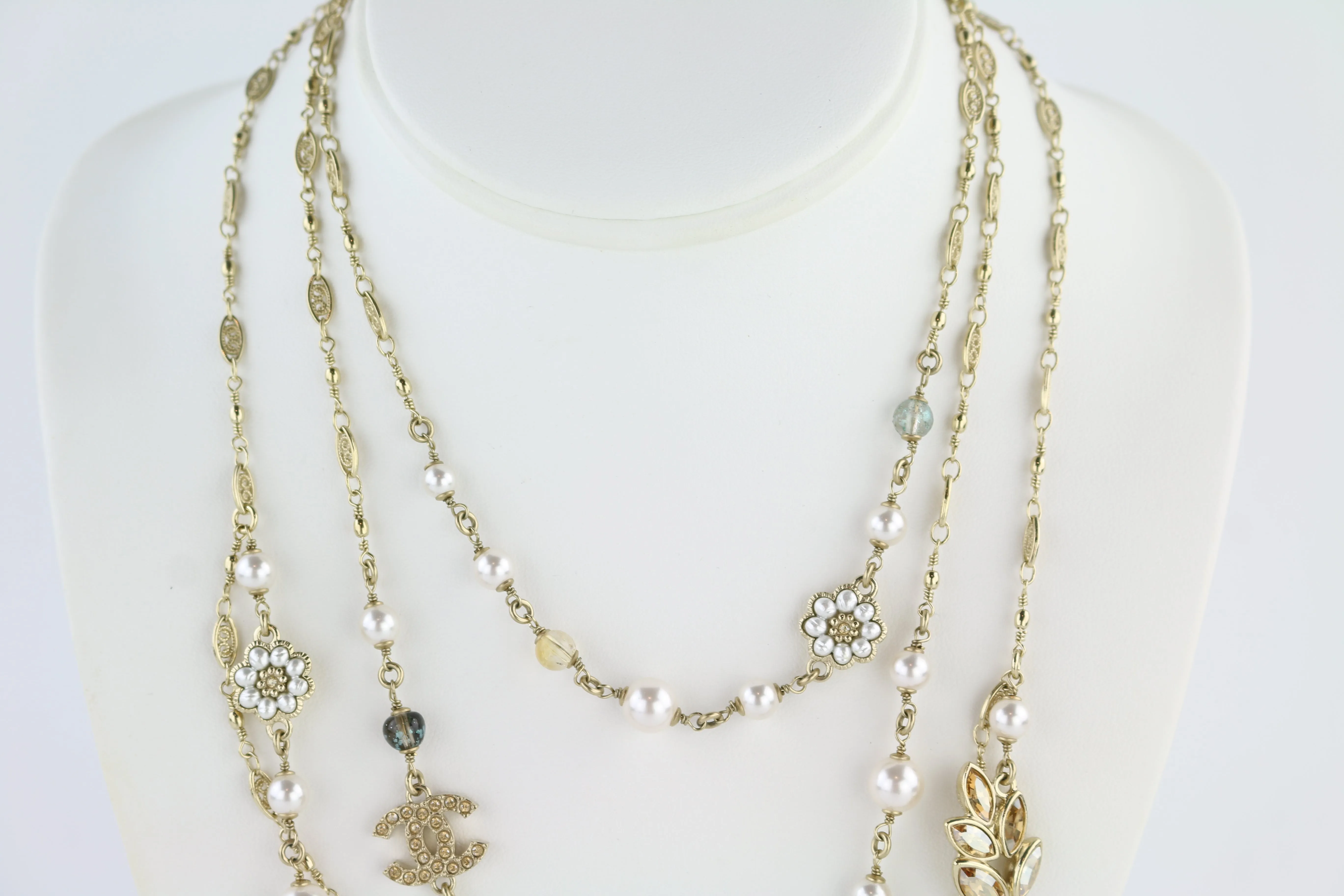 Pearl, Crystal & Beaded Flower Leaf Tiered Gold Long Necklace