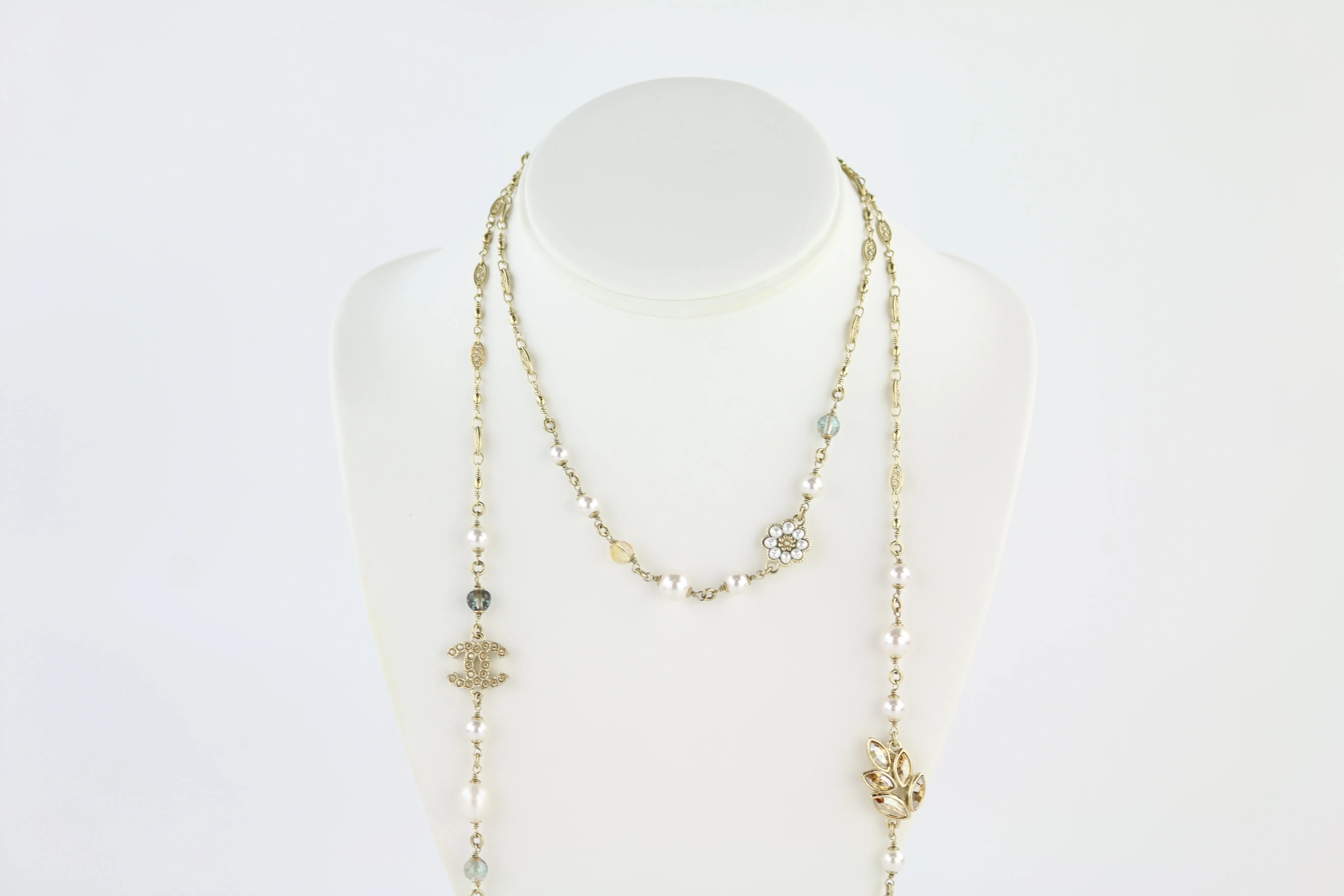 Pearl, Crystal & Beaded Flower Leaf Tiered Gold Long Necklace