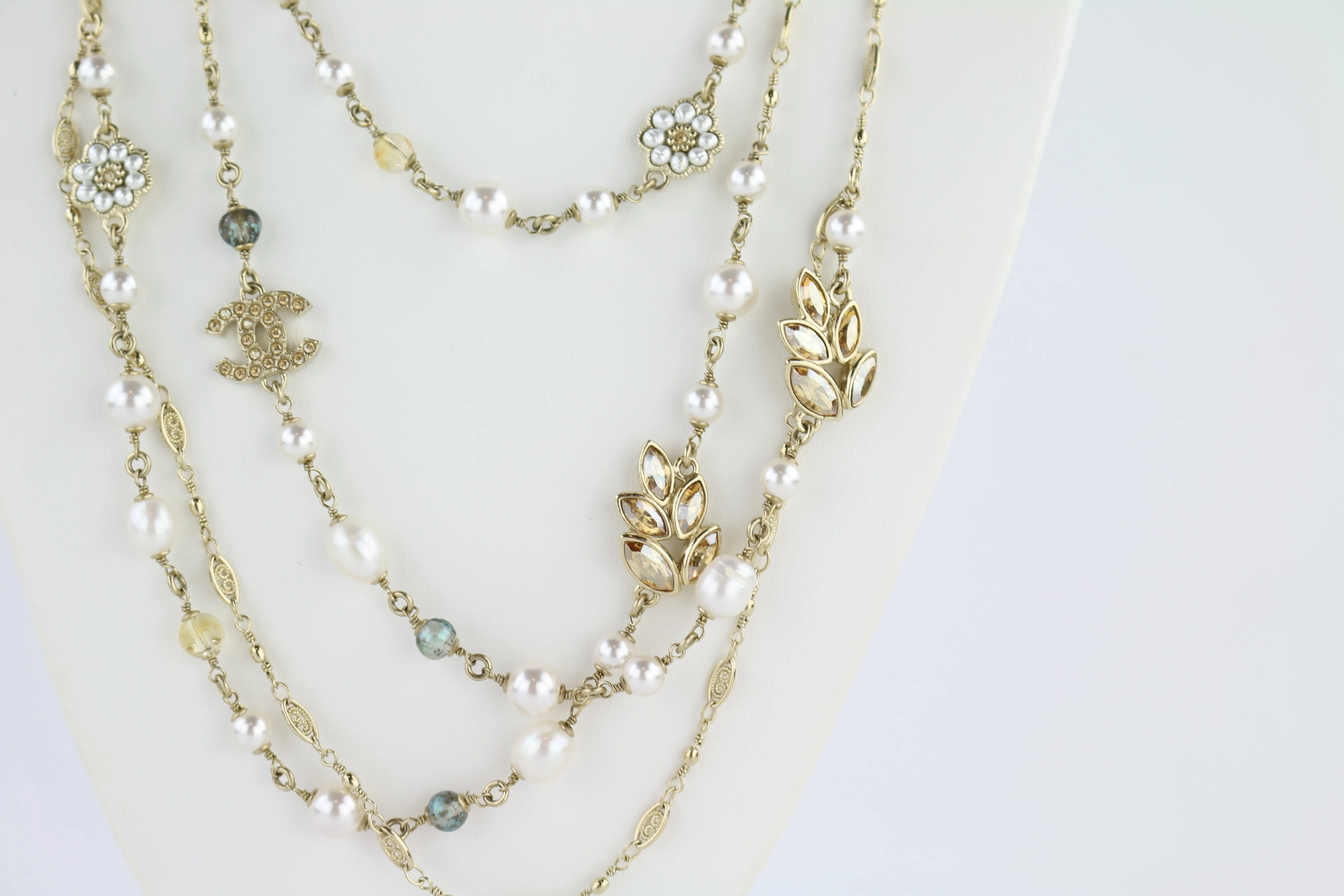 Pearl, Crystal & Beaded Flower Leaf Tiered Gold Long Necklace