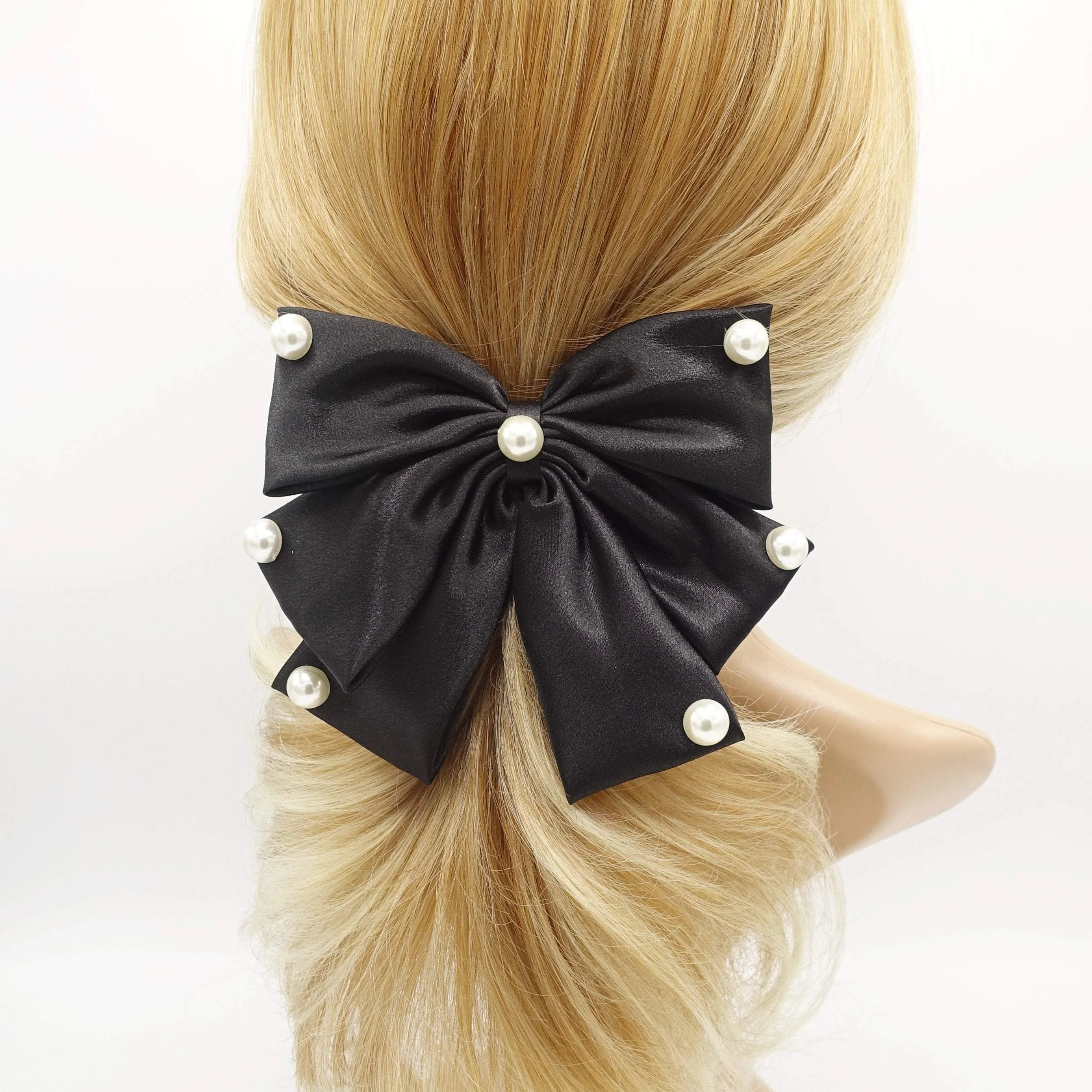 pearl embellished satin hair bow for women